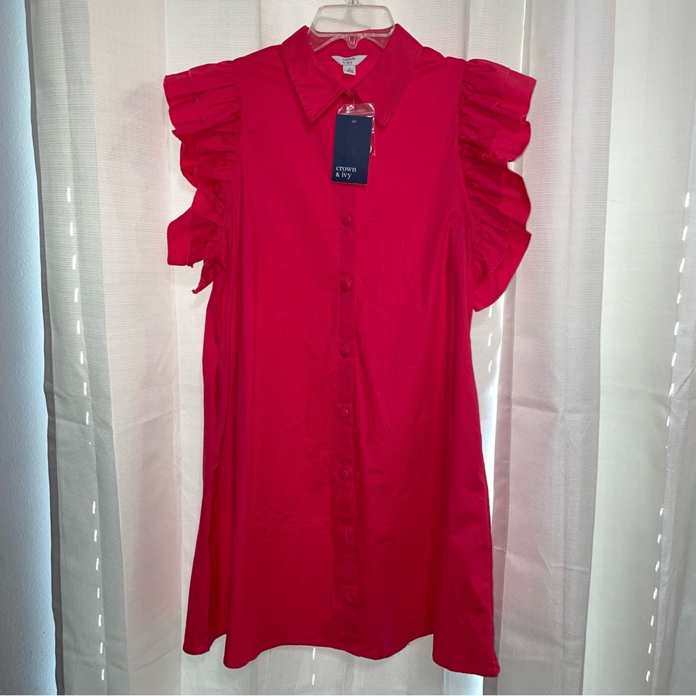 Crown & Ivy Bright Fuchsia Sleeveless Ruffle Shirt Dress, Size Small (s)